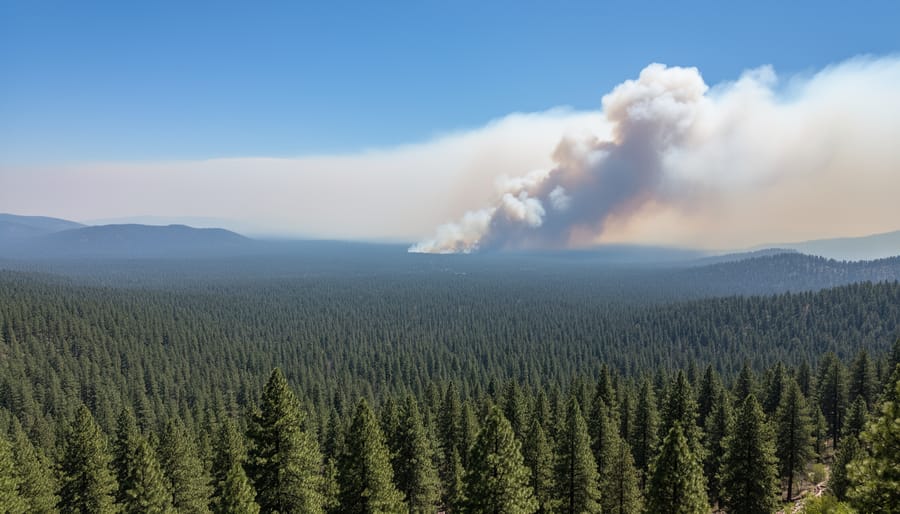 Wildfire smoke plume drifting over a forest at dusk.