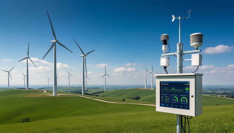Wind turbines generating clean power in a landscape under warm golden hour light