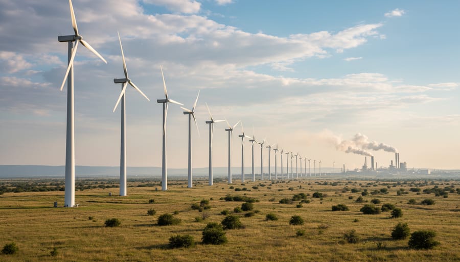 Wind turbines in an open landscape under clear morning light
