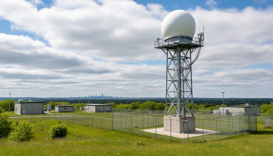 Weather radar tower near Montreal with dish and surrounding technical equipment under an overcast winter sky.