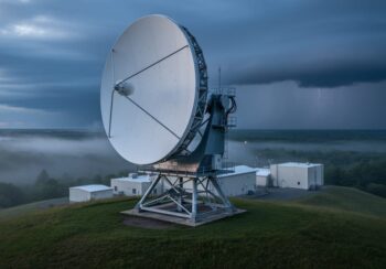 Weather radar dish near Montreal scanning storm clouds, illustrating how precipitation and wind patterns are tracked.