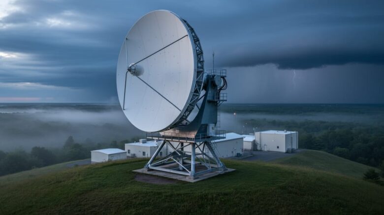 Weather radar dish near Montreal scanning storm clouds, illustrating how precipitation and wind patterns are tracked.