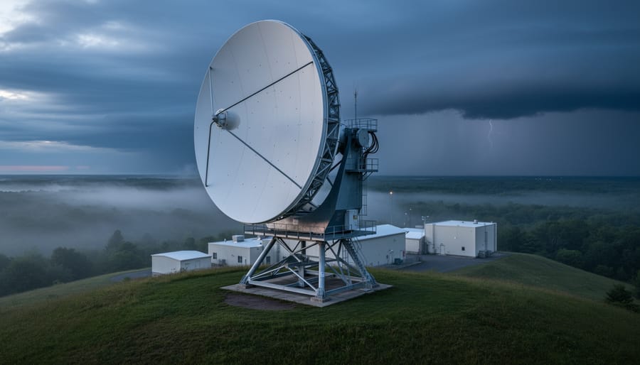 Weather radar dish near Montreal scanning storm clouds, illustrating how precipitation and wind patterns are tracked.