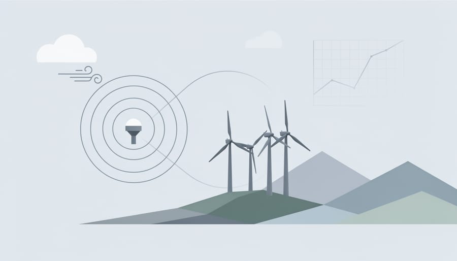 Wind turbines on a hillside during golden hour, illustrating the renewable energy landscape related to weather monitoring.